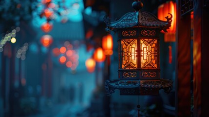 Old traditional Asian glowing lantern. AI generated.