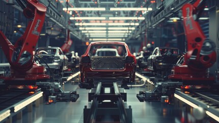 Car Factory: Robotic Assembly Line for Automobile Manufacturing and Technology Production in the Industry