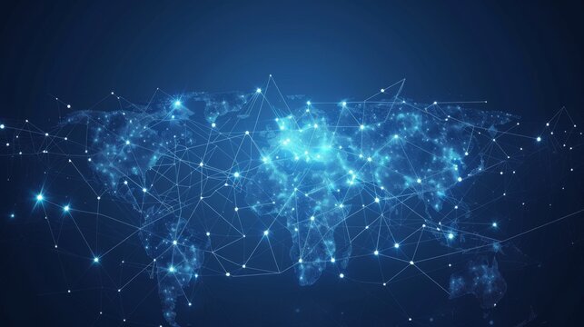 A radiant blue digital world map showcasing widespread network connections that symbolize international relations and data exchange