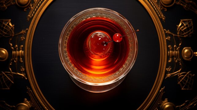 Top view of an exquisite cocktail garnished with a single cherry, amidst opulent baroque-style golden decorations