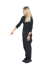 side view of a blonde woman pointing finger down on white background