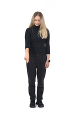 front view of a blonde woman pointing finger down on white background