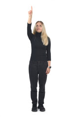 front view of a blonde woman pointing finger up on white background