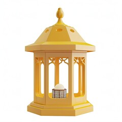 yellow modern wood lantern shiny with light and elegant ornament isolated on white background