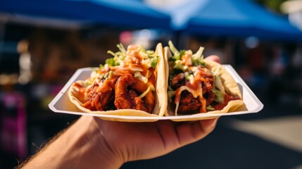 A person's hand holding two soft tacos filled with savory meat and garnished with fresh toppings - obrazy, fototapety, plakaty