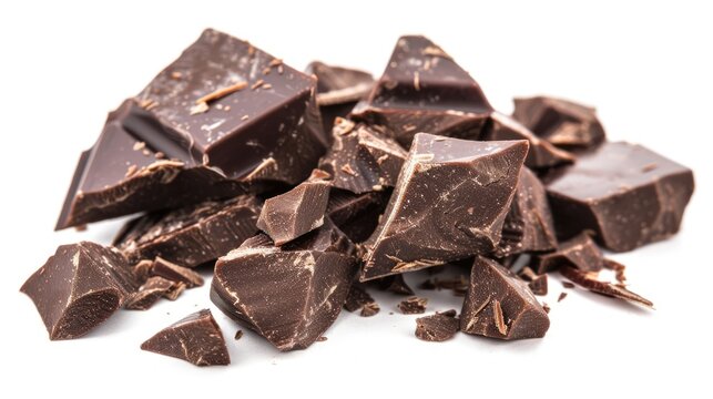 Dark Chocolate Isolated: Delicious and Sweet Pieces of Broken Dark Chocolate Candy on a Brown Background
