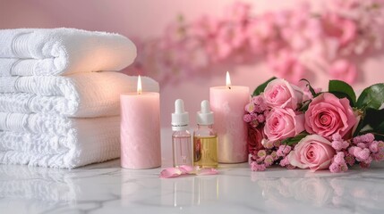 Obraz na płótnie Canvas Luxury Home Spa Essentials with Scented Candles, Skincare, and Tender Rose Arrangement