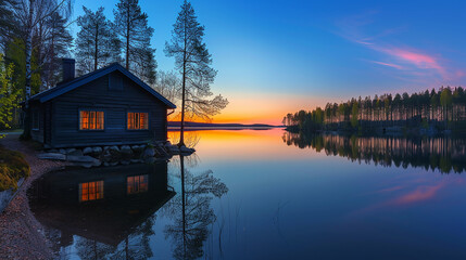 The quiet splendor of a lakeside during the late hours of the day, with the setting sun casting a soft light over the scene.  