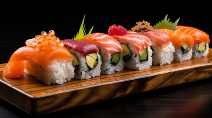 A sophisticated sushi lineup, featuring fresh fish and garnishes, perfectly arranged on a polished wooden serving board