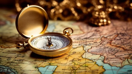 An open compass is presented on an aged map bathed in warm golden light, symbolizing guidance and...