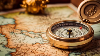 Fototapeta na wymiar A golden vintage compass lies open on an old map, emphasizing themes of adventure and exploration