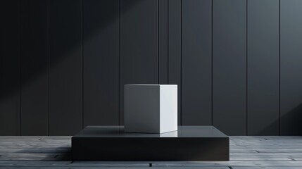 Minimalist White Cube on Black Platform in a Modern Gallery Spacem producer podium