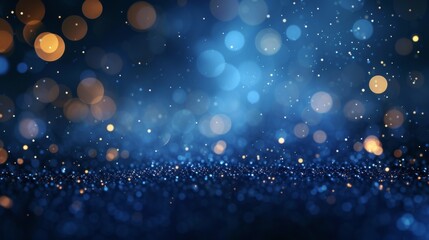 A captivating deep blue background filled with varying sizes of bokeh effects that resemble a starry sky or a magical moment - obrazy, fototapety, plakaty