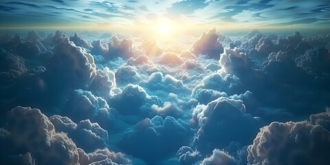 Symbol of hope and spirituality: Divine light shining through the clouds. Concept Hope, Spirituality, Divine Light, Clouds, Symbol - obrazy, fototapety, plakaty