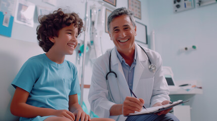 A smiling preteen boy visiting a doctor for a general check up. A physical examination should include checking the heart, lungs, abdomen, ears, nose and throat. 