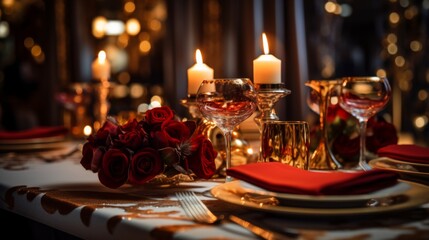 Intimate and elegant dinner table setup featuring candlelight, red roses, and fine dinnerware in a classy restaurant
