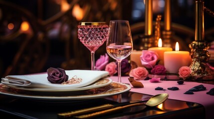 A table set for romance, featuring candles, rose petals, and elegant glassware, creates a perfect scene