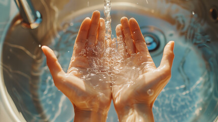 Fototapeta premium Hands under running water are washed with soap and water, hand disinfection