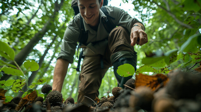 A man carefully digging for truffles in a forest.