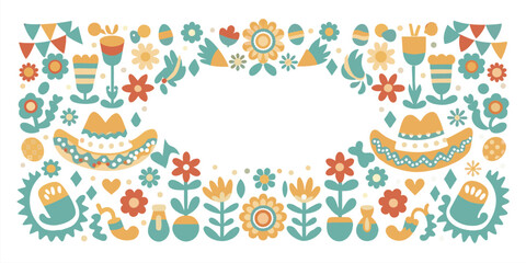 Mexican background festive backdrop for festival Cinco de mayo. Mexico poster. Colorful traditional mexican folk art banner with flowers, flags, and musical instruments