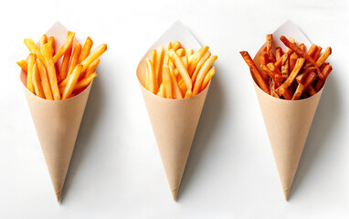 Three different varieties of French fries portions in paper cones, on white background. Take-away tasty street food. Deep fried crispy potato snacks. Top view, from above.