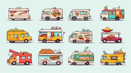 Naklejka premium Each truck in the illustration has unique branding and is designed with intricate details showcasing different food items