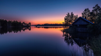 A secluded lakeside at sunset, where the calm water reflects the breathtaking colors of the evening sky and the silhouettes of surrounding trees 
