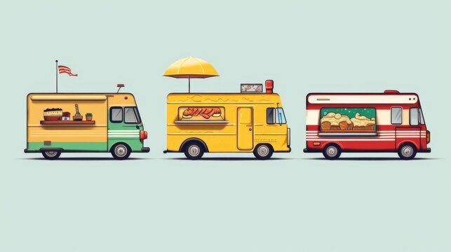 The image displays a collection of vintage themed food trucks each with a distinct design and color scheme, offering a variety of snacks