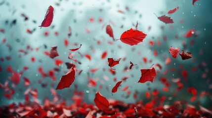 Red autumn leaves moving by a gust of wind. AI generated. - obrazy, fototapety, plakaty