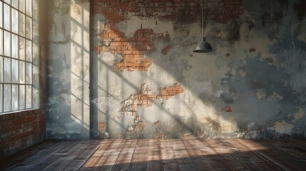 Dynamic interplay of light and shadow on a wall with revealing layers of peeling paint and brick