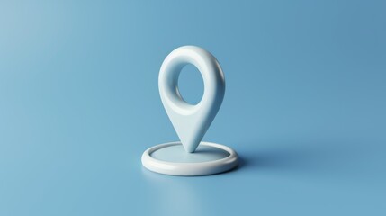 A minimalistic 3D illustration of a location pin standing upright against a clean blue backdrop, representing concepts such as navigation and presence