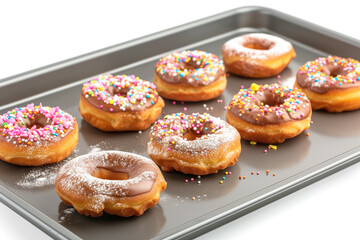 Fresh hot donuts in backing tray.