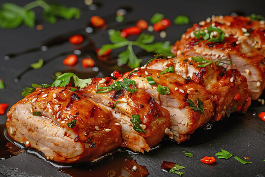 Chinese cuisine. Herb-Garnished Grilled Pork Filett on Dark Backdrop