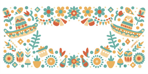 Fototapeta premium Mexican background festive backdrop for festival Cinco de mayo. Mexico poster. Colorful traditional mexican folk art pattern with flowers and pottery