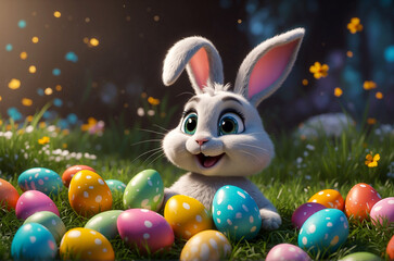 Funny cheerful Easter bunny and Easter eggs on Easter day. Cartoon Easter bunny with big eyes
