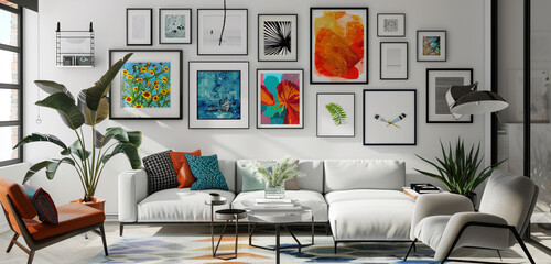 A gallery wall in the living room with a curated collection of modern art for visual engagement.