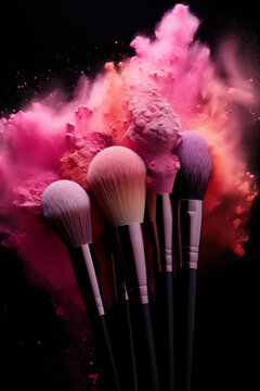 Explosive Cosmetic Powder with Makeup Brushes on Dark Background
