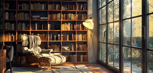 A reading nook with built-in bookshelves, a comfortable armchair, and a cozy reading lamp. - obrazy, fototapety, plakaty