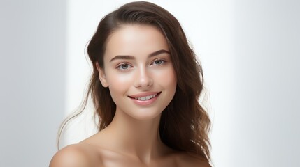 Portrait of beautiful young woman with clean fresh skin, on white background