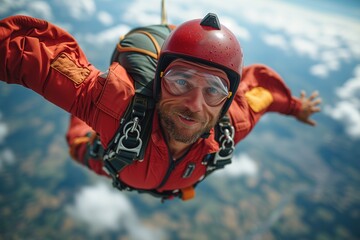 An adrenaline skydiver in mid-air against a backdrop of blue skies and white clouds, with a sensor on the face for privacy