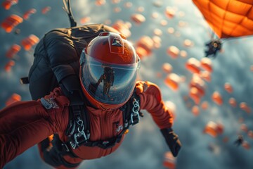 Fototapeta premium An extreme sports enthusiast skydives with a deployed parachute, surrounded by a scattered load, against a stunning backdrop