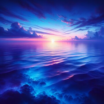 Oceanic Twilight: Dive into a dreamy seascape where the ocean meets the sky, painted with gradients of blue and purple as the day bids farewell to twilight's embrace.