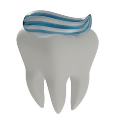 White tooth with striped toothpaste on it 3d rendered icon isolated on transparent background
