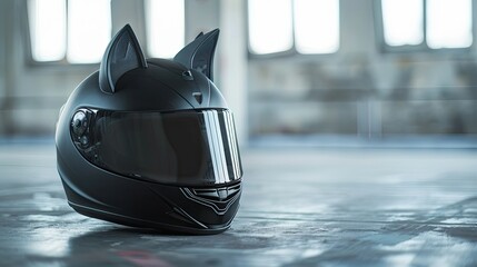 Black motorcycle helmet with cat ears on the floor in the garage. Copy space