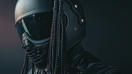 Portrait of a biker with black necromancer motorcycle helmet with tassels and copy space