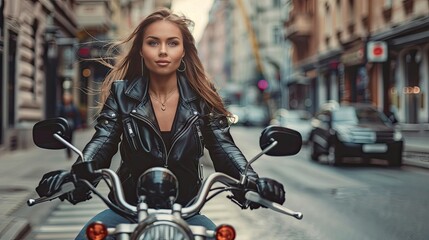 Stylish girl biker with leather jacket in the city street