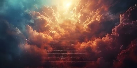 Fotobehang A staircase leading to the heavens symbolizing spirituality and connection to God. Concept Spirituality, Staircase, Connection to God, Heavenly Imagery, Symbolism © Ян Заболотний