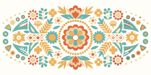 Mexican background festive backdrop for festival Cinco de mayo. Mexico poster. Vibrant vector illustration of traditional folk art with intricate floral designs and symmetric composition - obrazy, fototapety, plakaty
