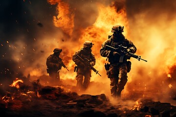 Soldiers in action with guns in the fire. Selective focus - obrazy, fototapety, plakaty