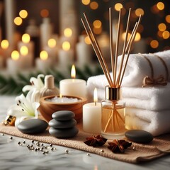 Spa composition. Towels, stones, reed air freshener and burning candles on white marble table against blurred lights, space for text - obrazy, fototapety, plakaty